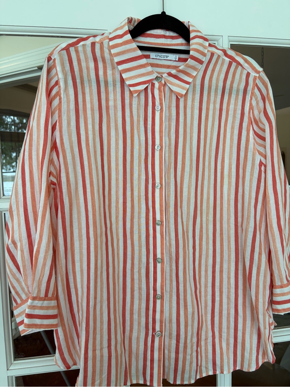 Chico's Orange and White Striped Button-Down Shirt